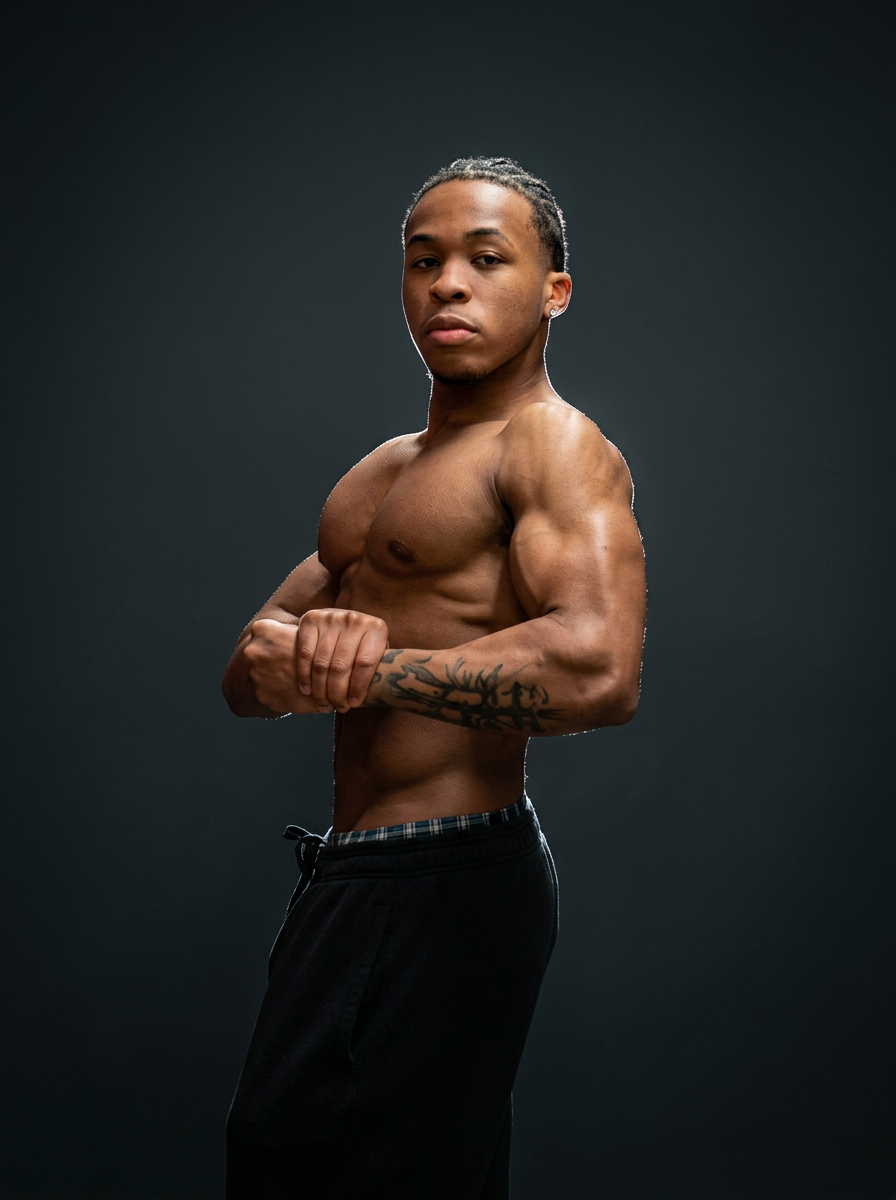 Manny Johnson in a professional fitness studio flex